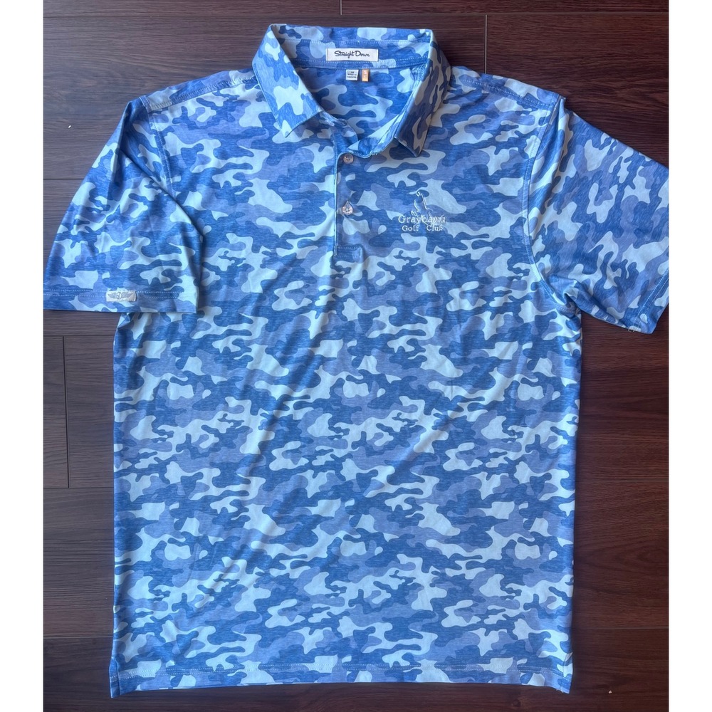 Straight Down Grayhawk Golf Club Blue Camo Polo Shirt Mens Medium UPF 50 Stretch